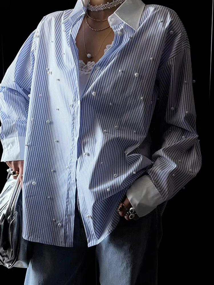 女性用ルーズ長袖ストライプシャツヘビー刺繍春の新スタイル多用途デザインカジュアルファッションポリエステル繊維