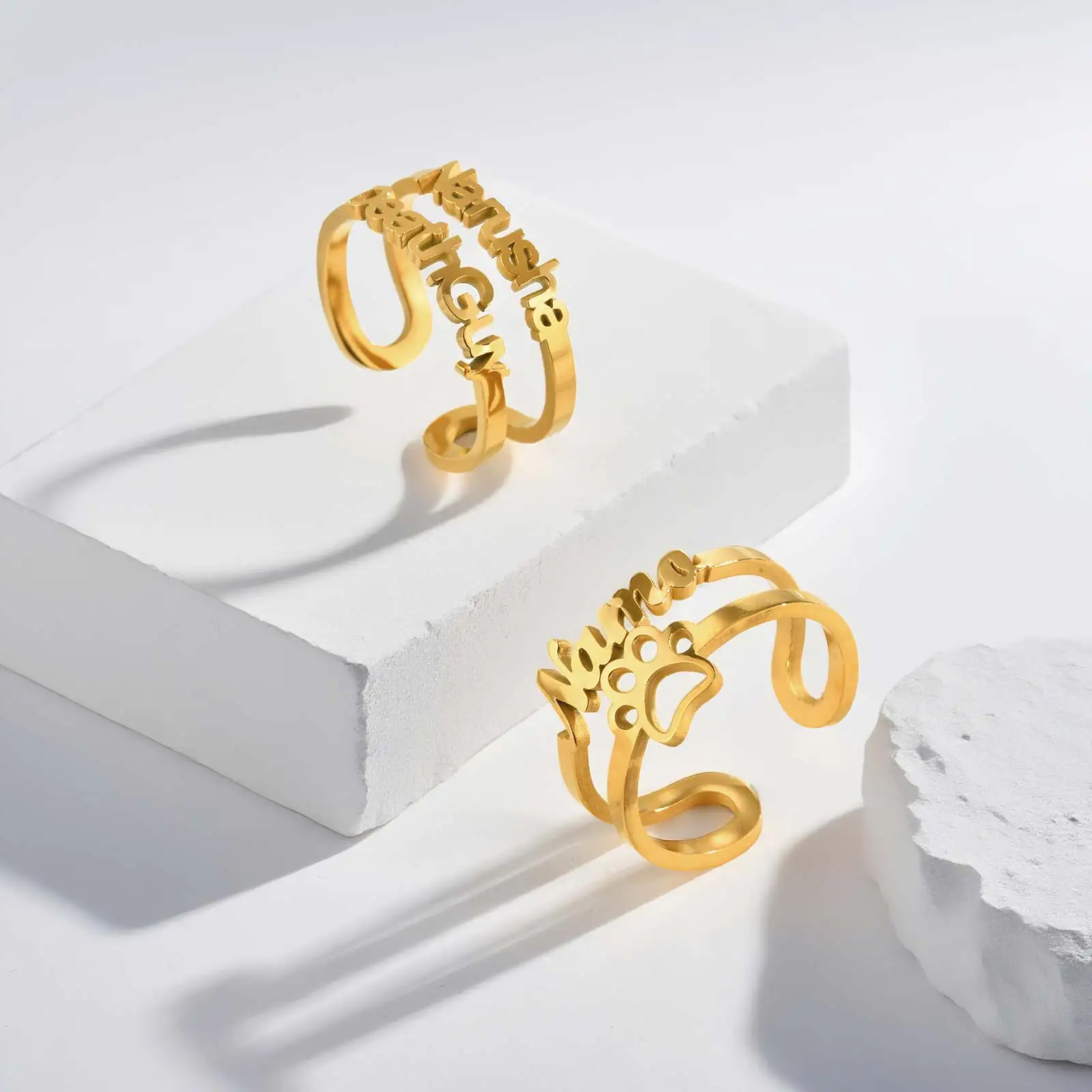 

Кольцо из нержавеющей стали с именем собачьей лапы на заказ для женщин, позолоченные двухслойные персонализированные кольца с именем, ювелирные изделия с именной табличкой