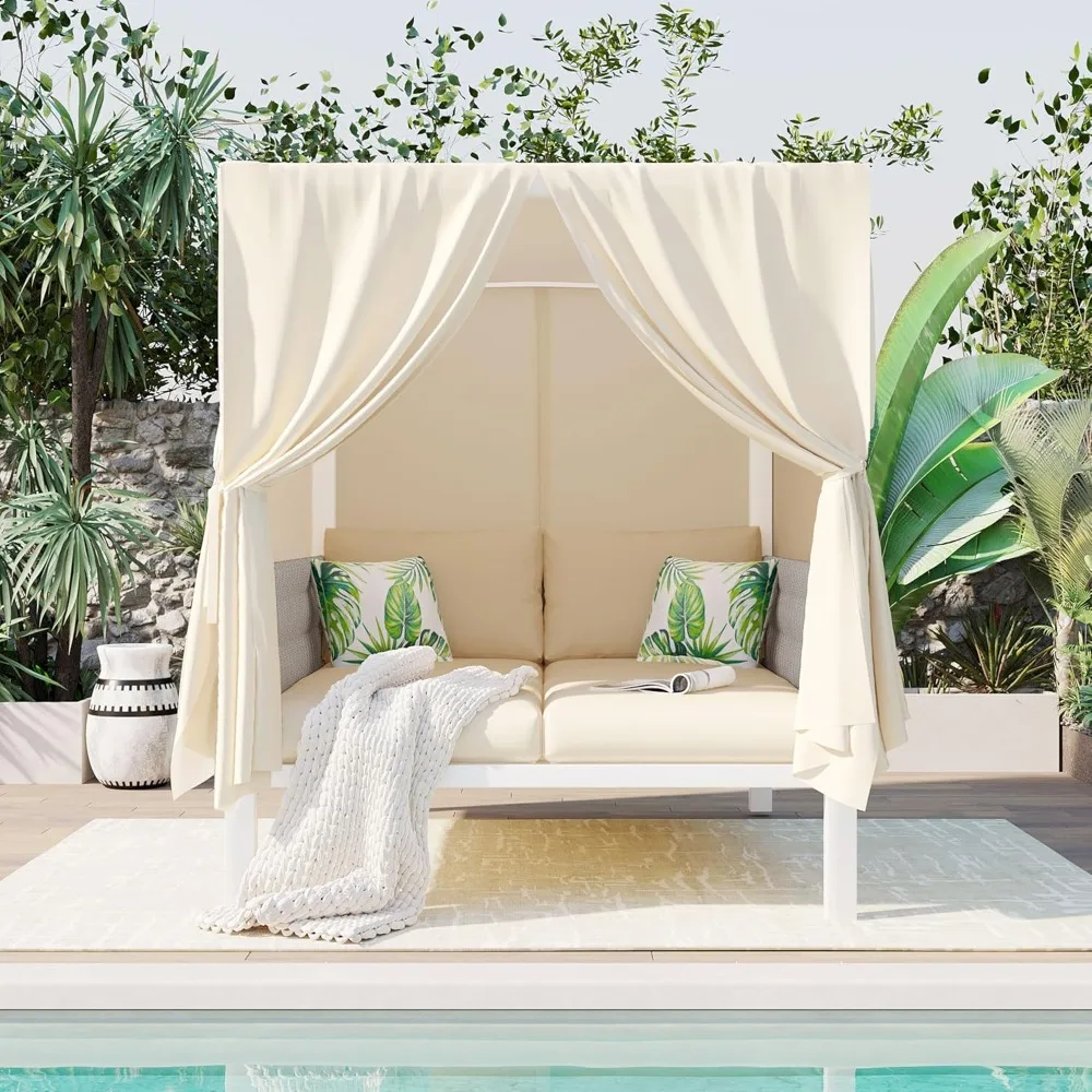 

Patio Rattan Sunbed with Curtains, Outdoor Canopy Daybed Patio Sunbed with Retractable Canopy, High Comfort, Suitable for Multip