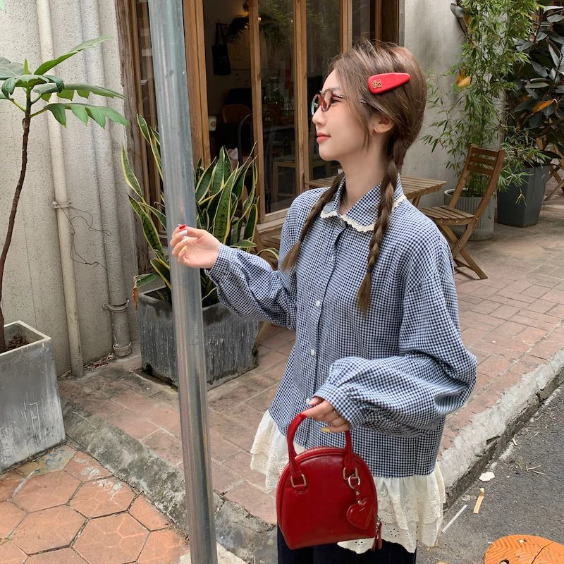 Sweet Plaid Women Shirt Cute Long Sleeve Blue Patchwork Bouse Lace Peter Pan Collar Single Breasted Preppy Style Top