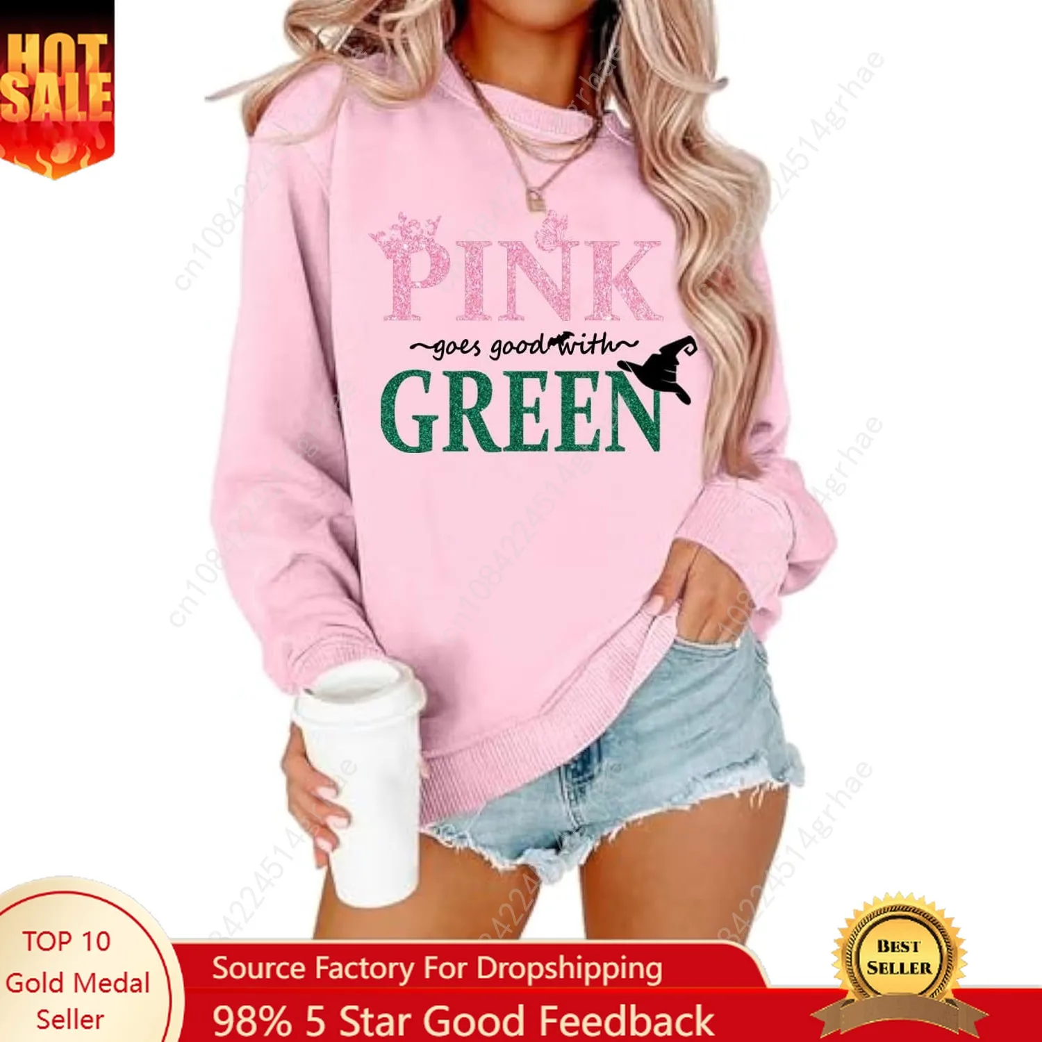 

Pink Goes Good with Green Sweatshirt Women Wicked Merch Musical Movie Graphic Gifts Casual Long Sleeve Sweater Tops