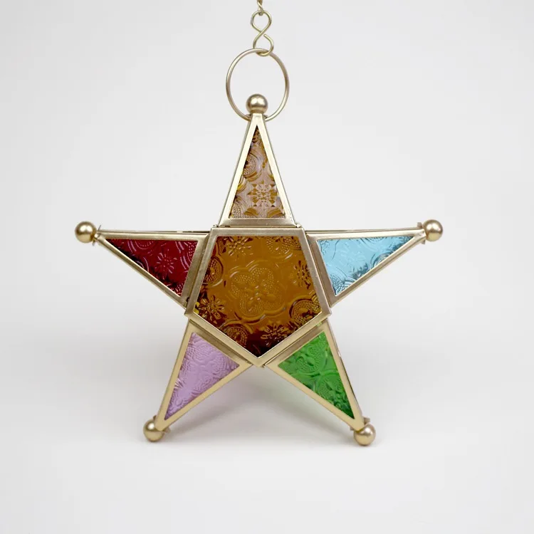 Moroccan Wrought Iron Color Glass Wind Lamp Candle Holder Garden Terrace Ornament Home Decoration Metal Five-pointed Star