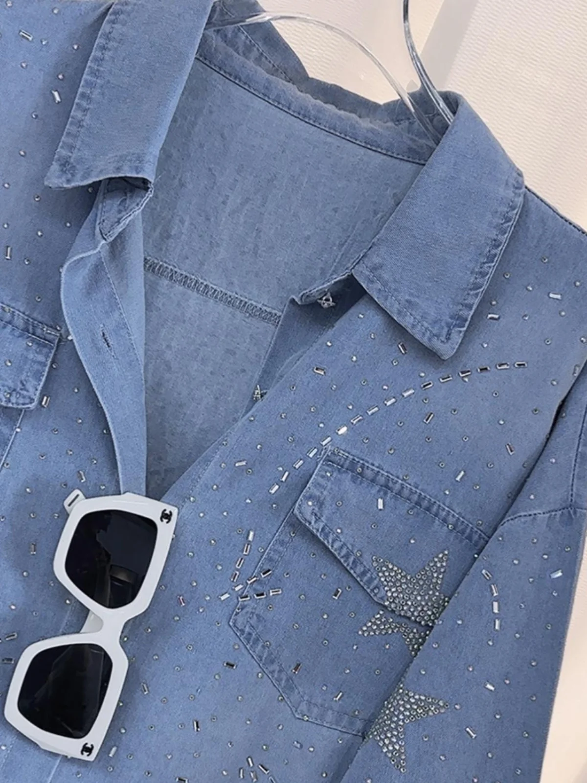 Trendy Feminine Hot Diamond Five-pointed Star Denim Shirt Jacket Women's 2024 Autumn New Chic Denim Shirt Loose Long Sleeve Tops