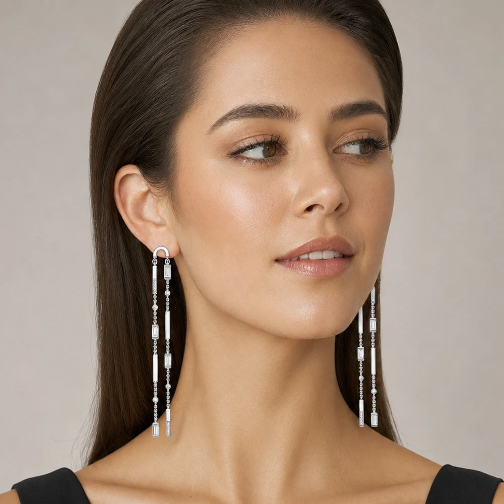 Ohrringe mit eckigen Steinen, Baguette-Schliff, langer, glamouröser Schmuck für Frauen, Sommergeschenk aus Sterlingsilber 925er – Detail 1