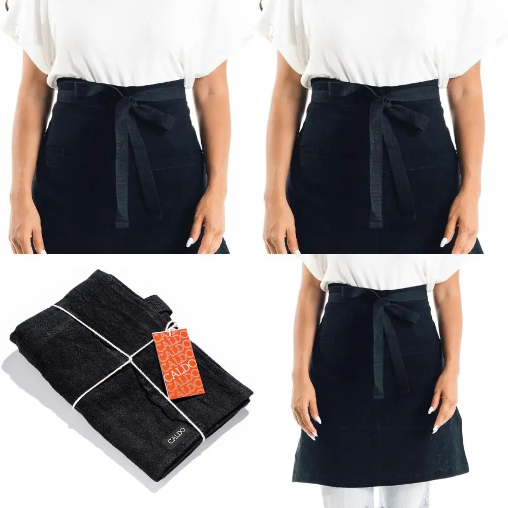 

Mid-Length Linen Bistro Apron with Pockets - 40 Waist Ties, 23 x 23, Unisex Chef/Server Uniform (Black)