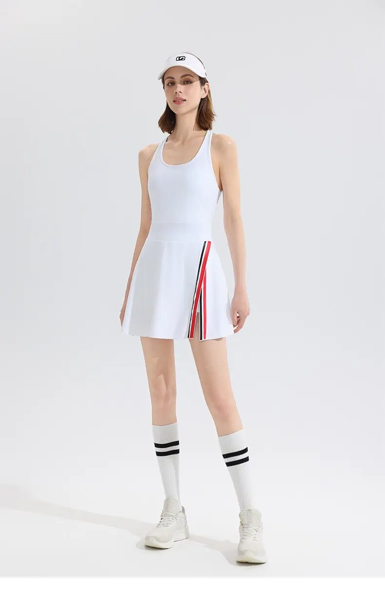 Kontrastfarbener Gym-Sportrock mit Brustpolster, neu, für Outdoor-Aktivitäten, Laufen, Fitness, Tennis, Golfkleid für Damen – Detail 2