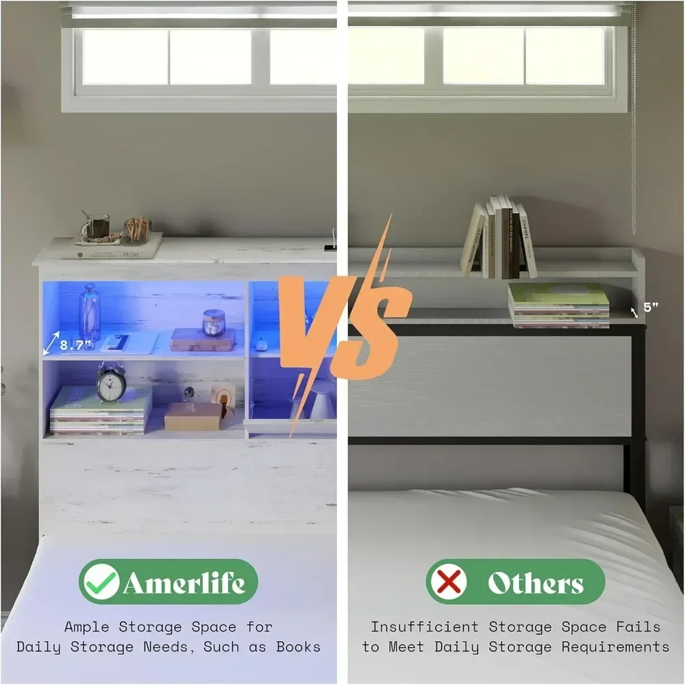 Bed Frame Platform Bed with 51.2" Storage LED Bookcase Headboard 4 Drawers & Charging Station/No Box Spring Needed Beds