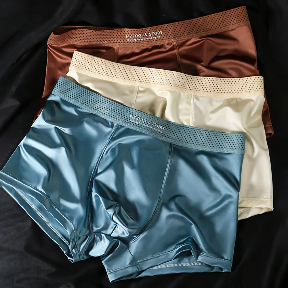 Men's Solid Color Satin-like Ice Silk Smooth Boxer Underwear Elastic Breathable Boxers Shorts For Man Bulge Pouch