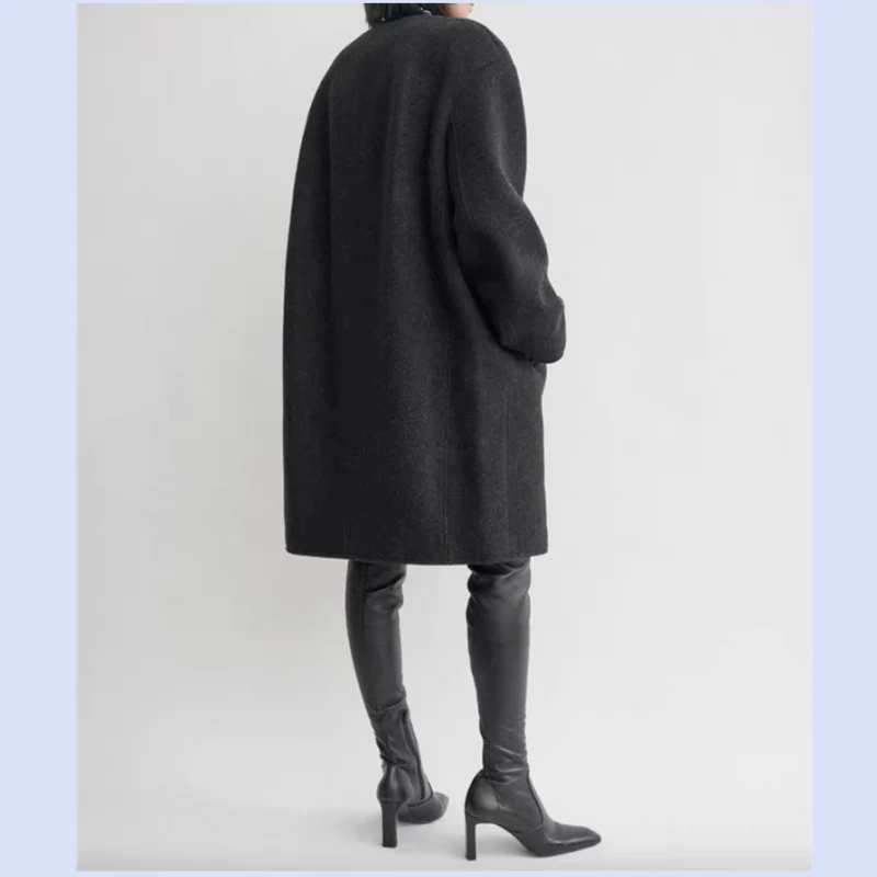 25 year old foreign trade new style linen gray shoulder slimming loose straight tube collarless double-sided wool coat jacket