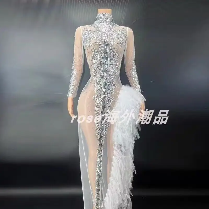 Women Sexy Stage White Black Sparkly Silver Sequins Birthday Mesh Dress Evening Celebrate Stretch Transparent Host Dress