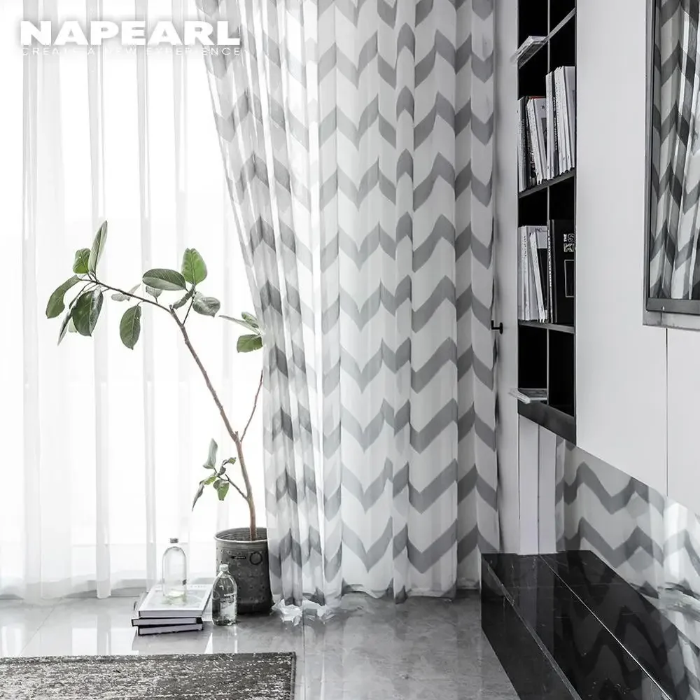 

NAPEARL 1 Piece Short Sheer Curtains Wavy Stripe Jacquard Drops Grommet Eyelets Thread Fabric For Bedroom Windows Simple Tulle