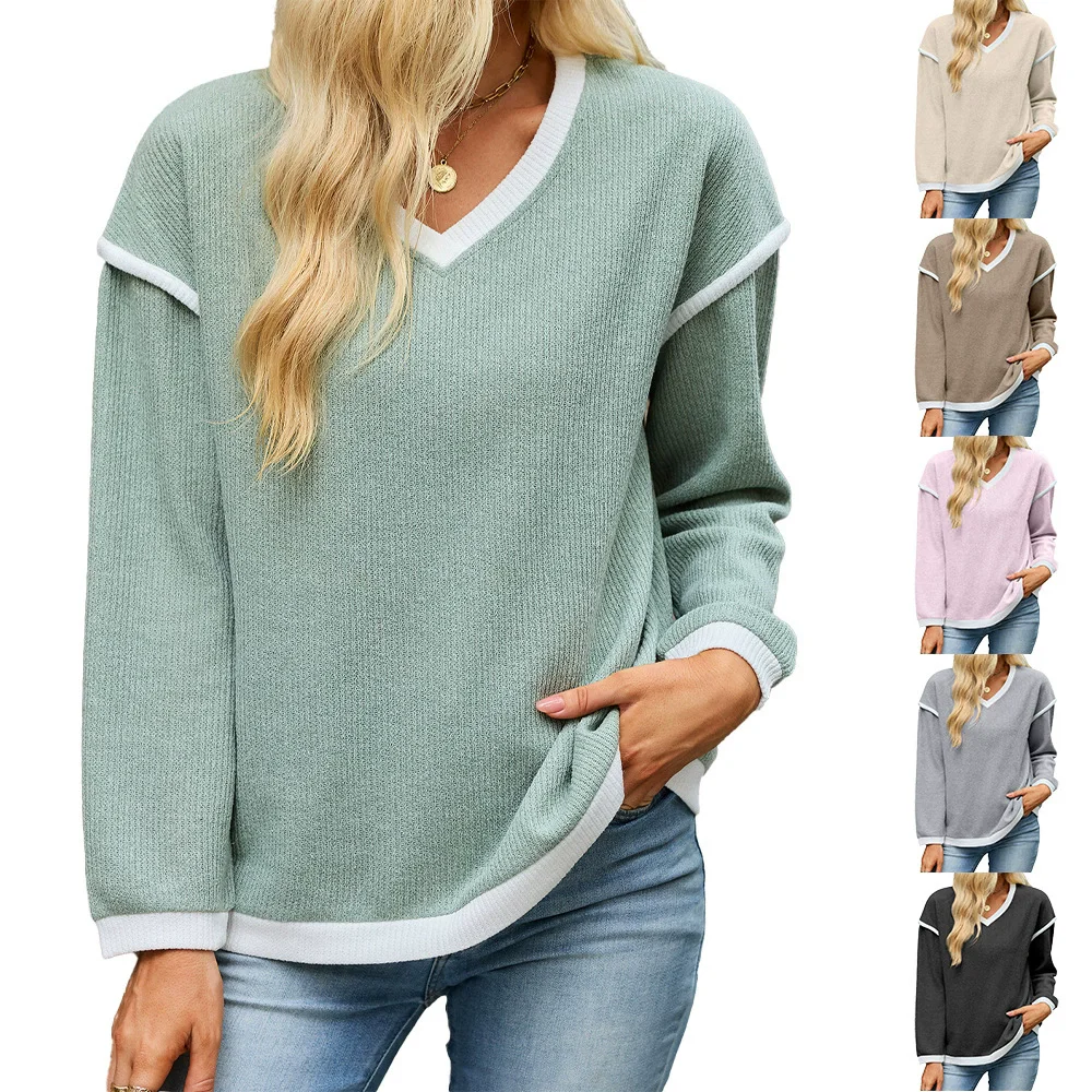 New 2026 Autumn and Winter Women's Sweatshirts Fashion V-Neck Long Sleeve Knit Tops Color-Blocking Loose Casual Sports Hoodies