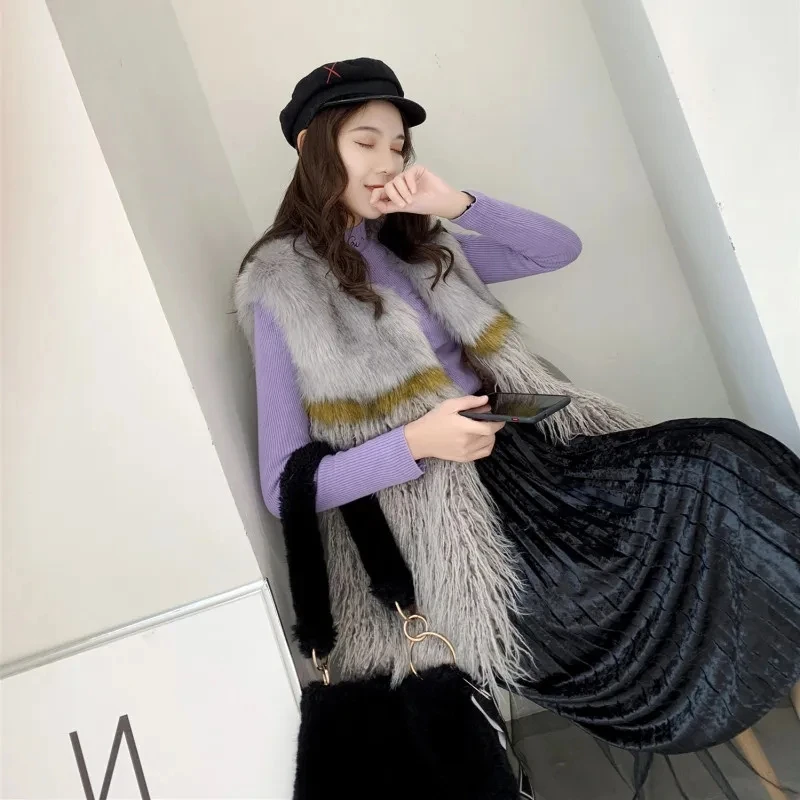 Faux Fur Vest Women Jacket Stitching Beach Lamb Curly Gilet Femme Spring Autumn V Neck Sleeveless Cardigan Loose Waistcoat