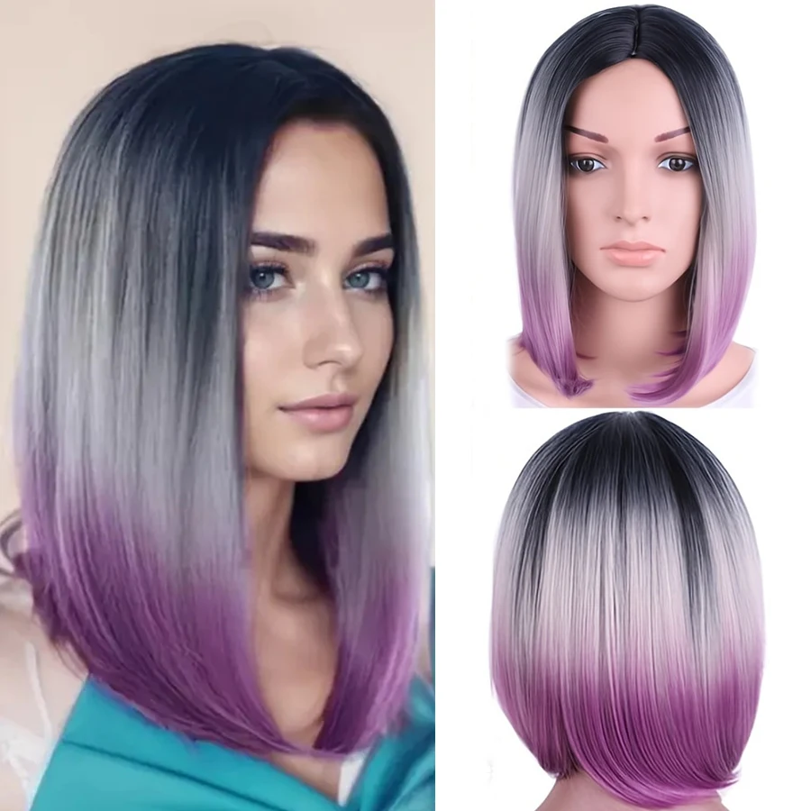 

12 Inch Bob Wigs Short Shoulder Length Ombre Bob Wig Two Tone Colored Wig Straight Synthetic Wigs For Women