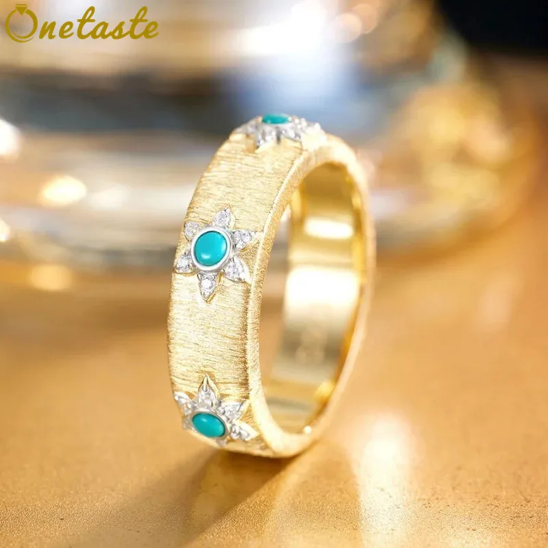 

S925 Silver Gold Plated Brushed Band Rings For Women Cubic Zirconia Turquoise Vintage Court Dainty Statement Ring Luxury Gift