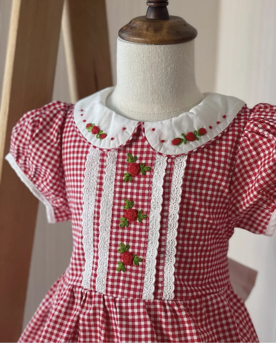 0-12Y Baby Girl Summer Flower Handmade Embroidery Red Plaid  Dress for Birthday Photography Holiday Eid Christmas B23