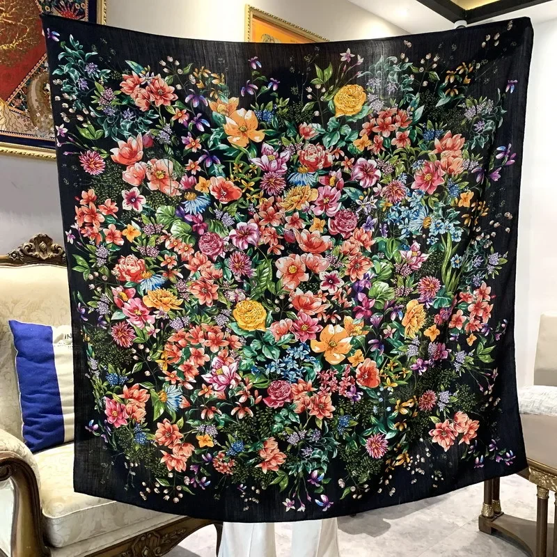 High-end Elegant Women Exquisite Flower Sea Dream Double-sided Print Quality Silk Wool Hand-rolled Edge Large Square Scarf Shawl