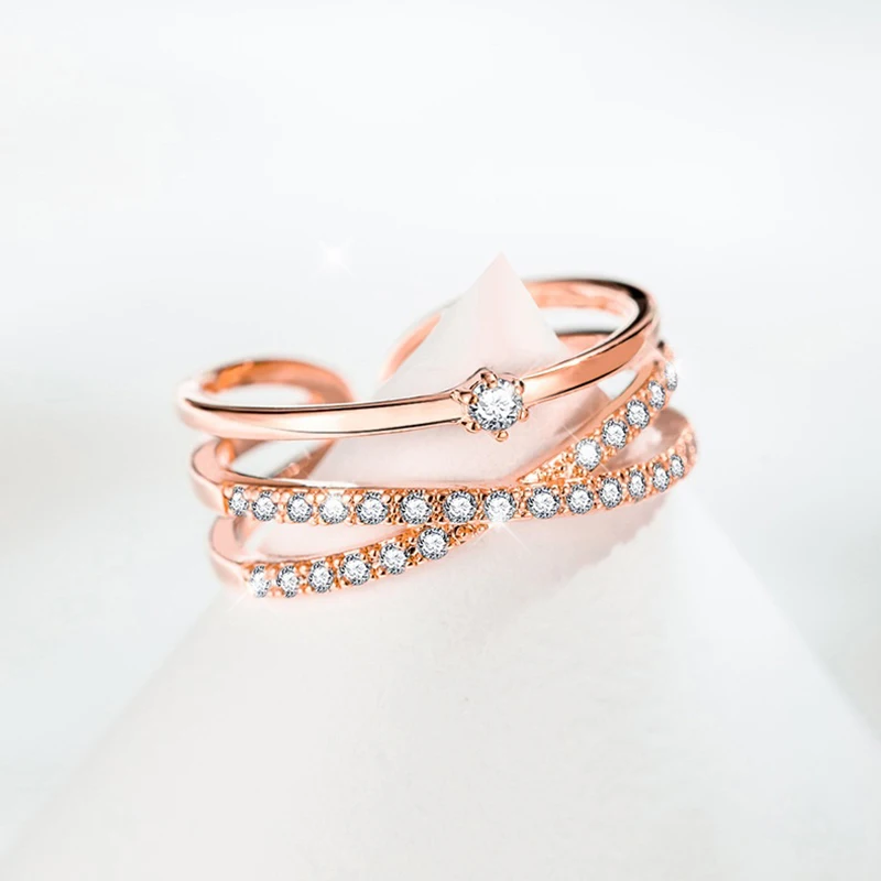 

Simple Style Geometric Wedding Rings Dazzling Micro Crystal Paved Romantic Rose Golden Copper Anillos Accessories Best Gifts