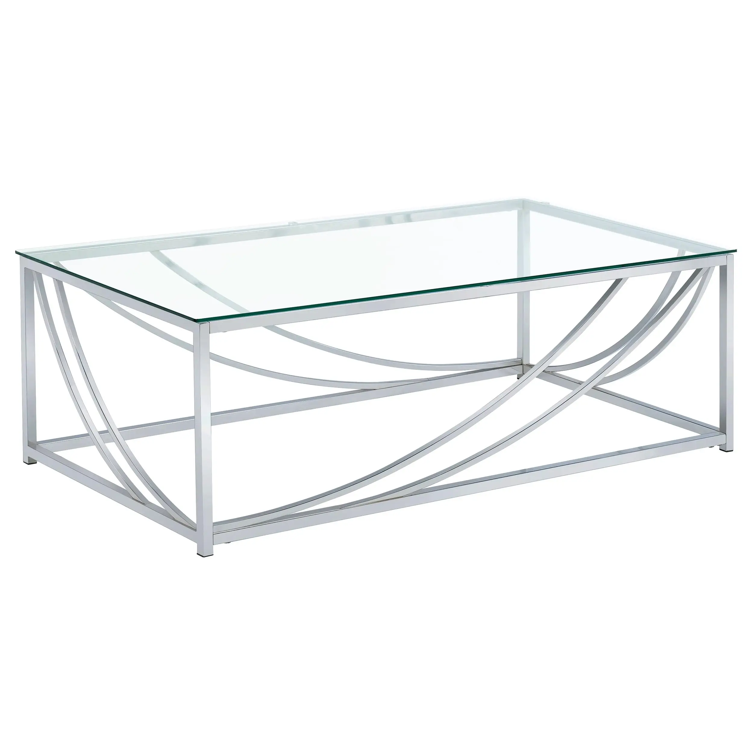 

Rectangular Coffee Table With Clear Glass Top And Chrome Metal Base Curved Design