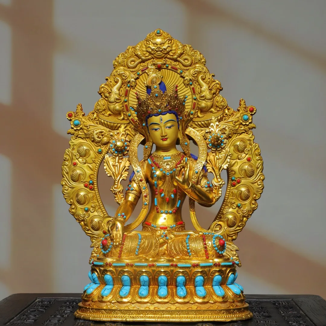 Old Bronze High Relief Gilded Painted Face Mosaic Gem White Tara Standing Buddha Backlight Amitabha Worship Hall Town house
