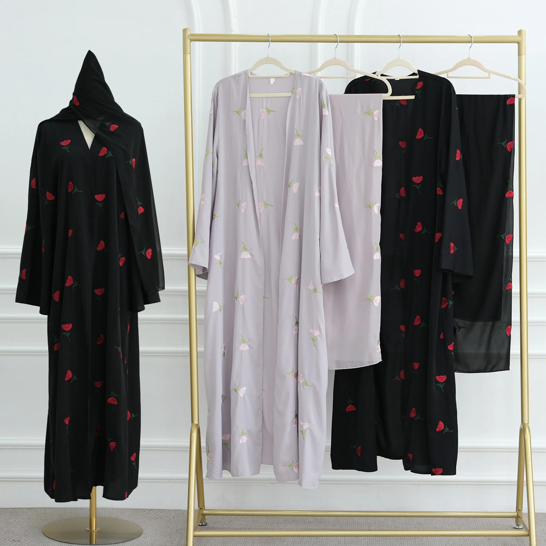 Abaya Dubai con ricamo a fiori completi per donna, abito da donna musulmana Abaya Kimono aperto sul davanti, abbigliamento islamico Ramadan Eid Hijabi
