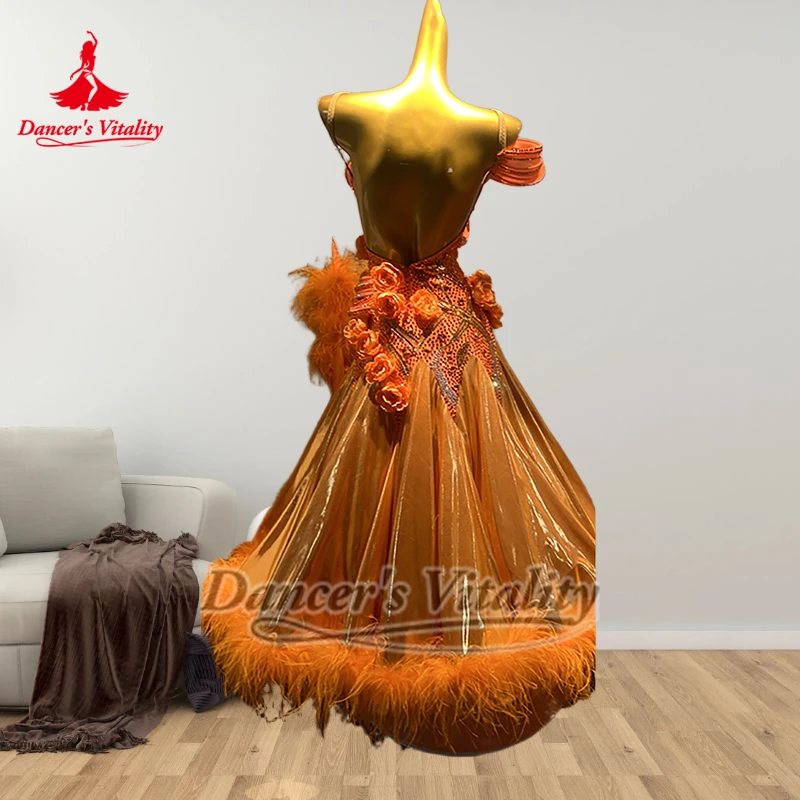 Orange valse Foxtrot stéréoscopique fleur plume ourlet inférieur grandes robes de balançoire pour adulte danseur vitalité vêtements de danse de salon
