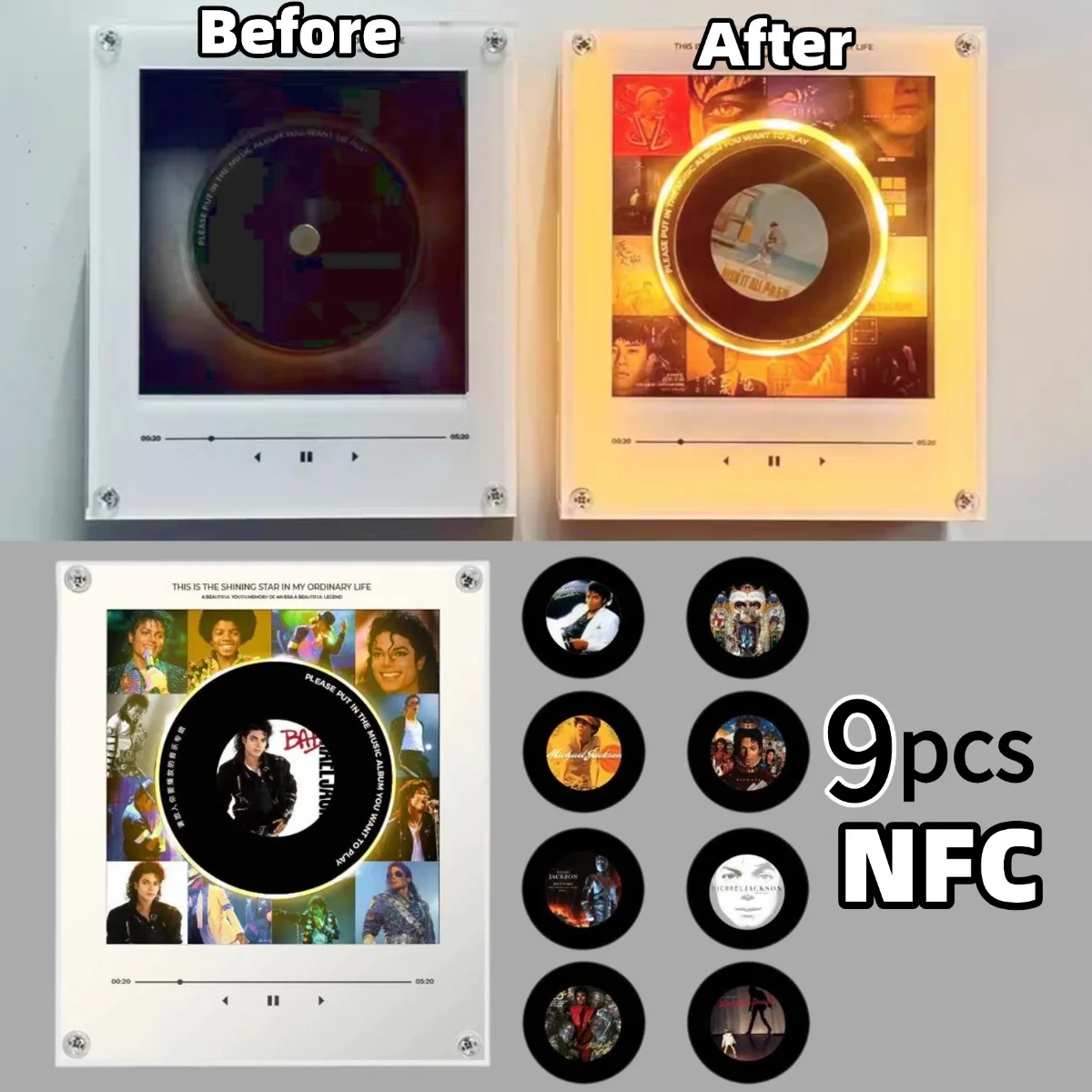 Decoração Criativa de Ímã de Geladeira com Toca-Discos de Vinil, com 9 Cartões NFC de Disco Rotativo, Luz Noturna com Toca-Discos de Vinil com Sensor NFC