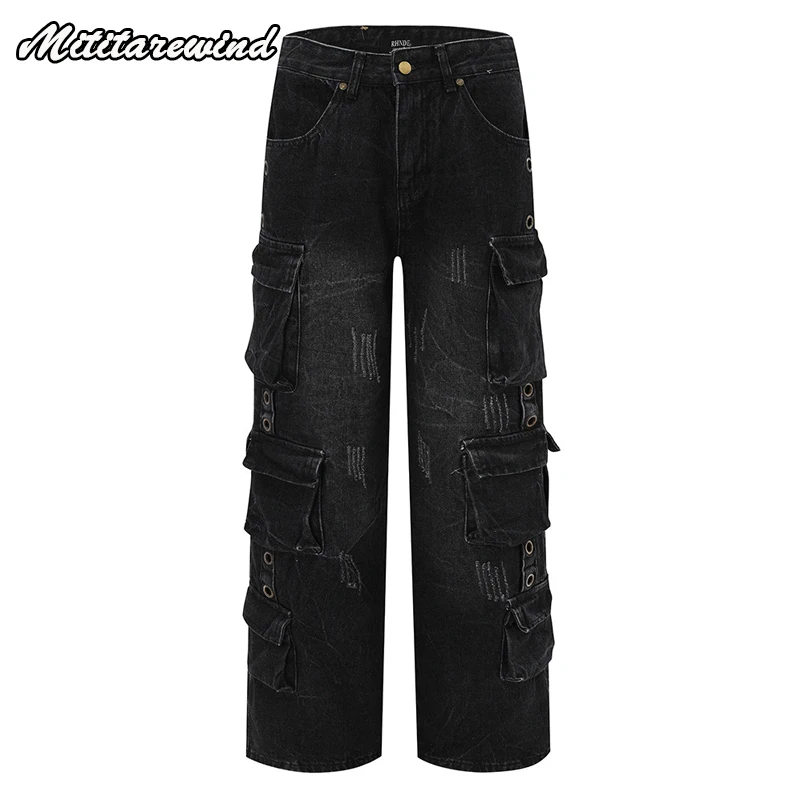 Cargo Style Jeans For Men And Women Straight Loose Y2k Multi Porkets Outdoor Denim Pants Wash Distressed Trousers Baggy