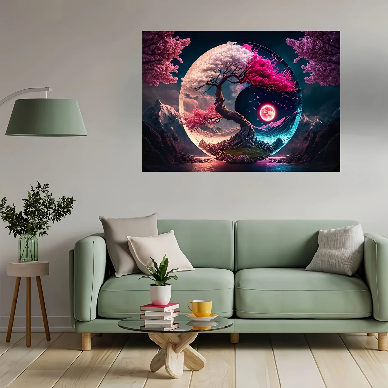 日本の桜をフィーチャーした陰陽樹パズル1000ピース、両面デザインで山と湖の風景が登場