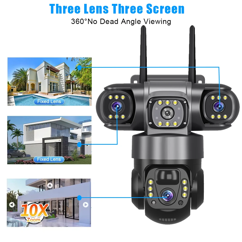 Telecamera solare 4G a tre obiettivi con scheda SIM Batteria esterna da 12 MP Monitor video con rilevamento del movimento PIR Sorveglianza a tre schermi 6K