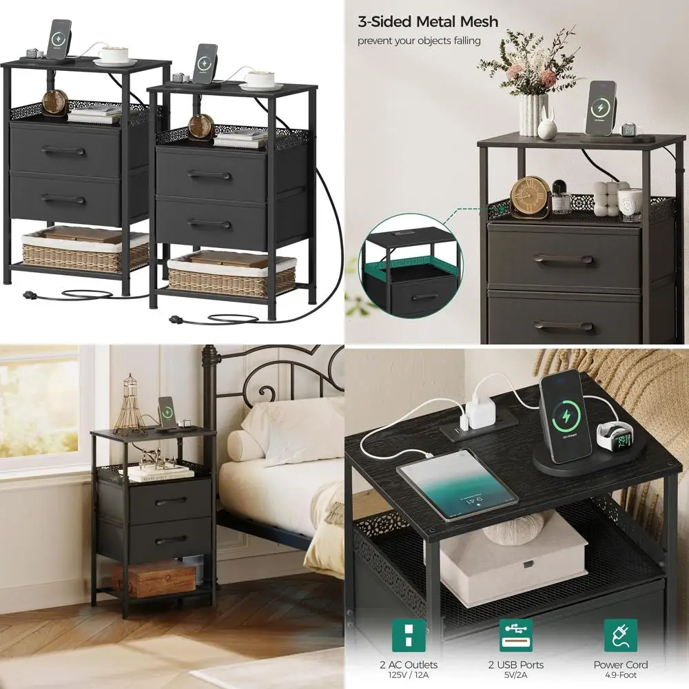 

Pair of 26.4 Black Nightstands with Charging & Fabric Drawers for Bedroom