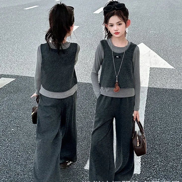 

Kids Girls Autumn 3pcs Sets Solid Top+Round Neck Vest+Elastic Waist Pant Children Girls Sets Casual Comfortable Baby Girls Sets