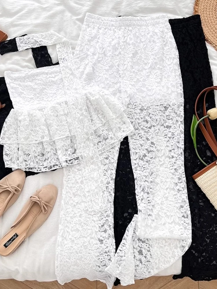 

Female Lace Suit Summer Fashion Strapless Ruffled Top+High Waist Slimming Casual Bell Bottom Pants Two-Piece Set Women Clothing