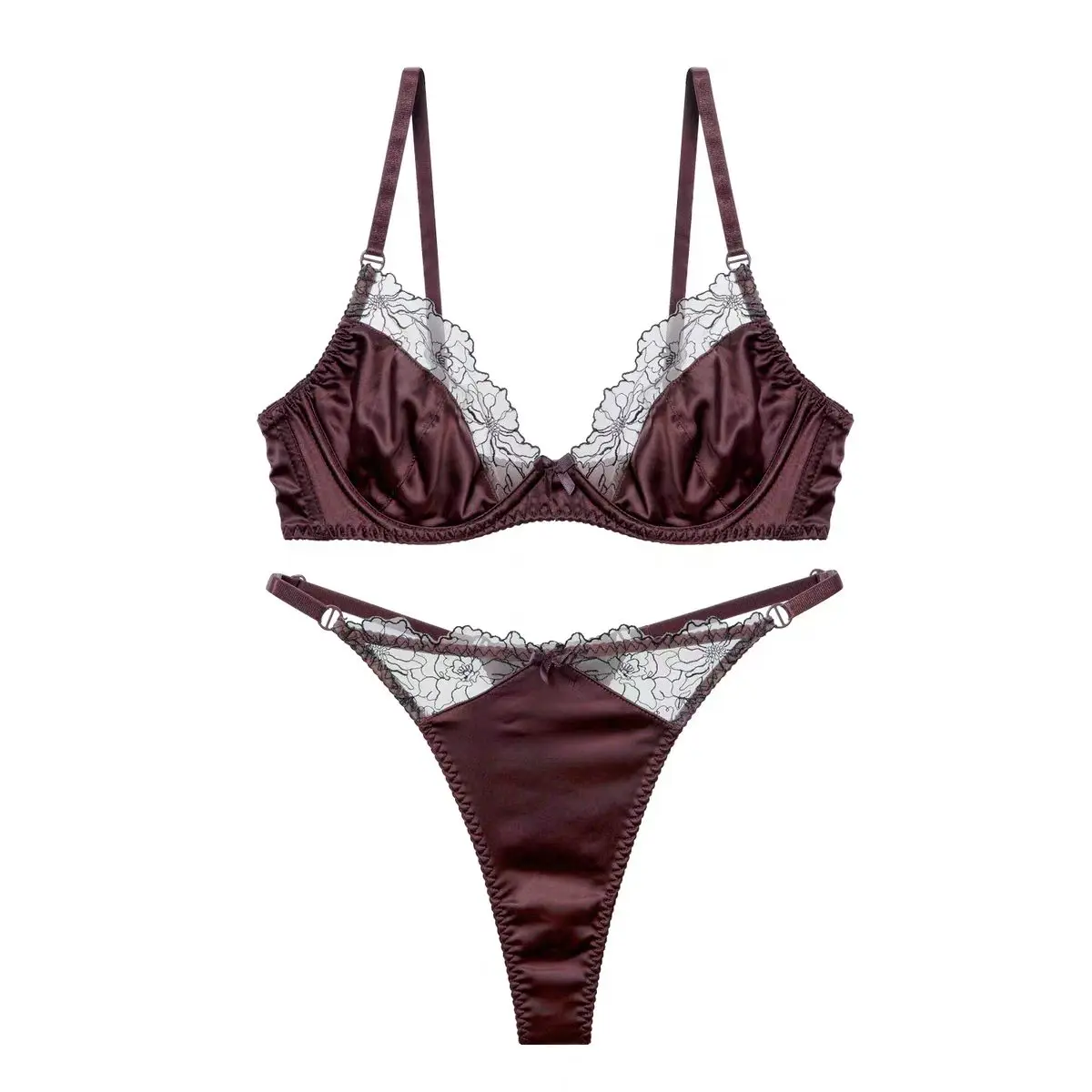 Palace satin underwear large sie women sexy lace embroidery lingerie ladies small fresh underwire large bra set
