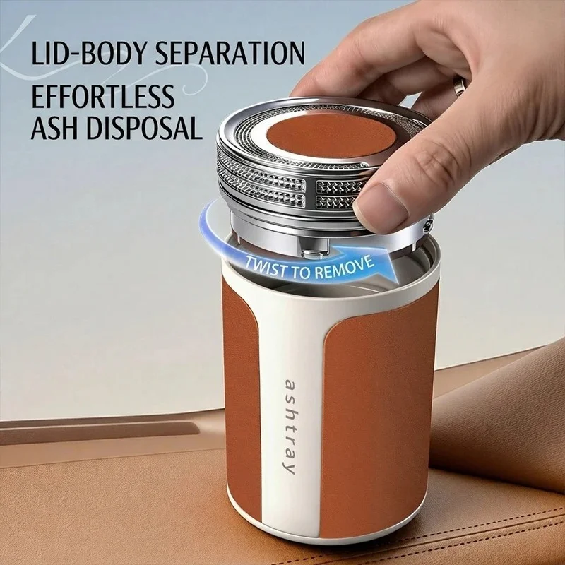 Car Ashtray with Leather Surface and Ceramic Inner Liner, Luxury Sealed Design to Prevent Odor and Ash Dispersion