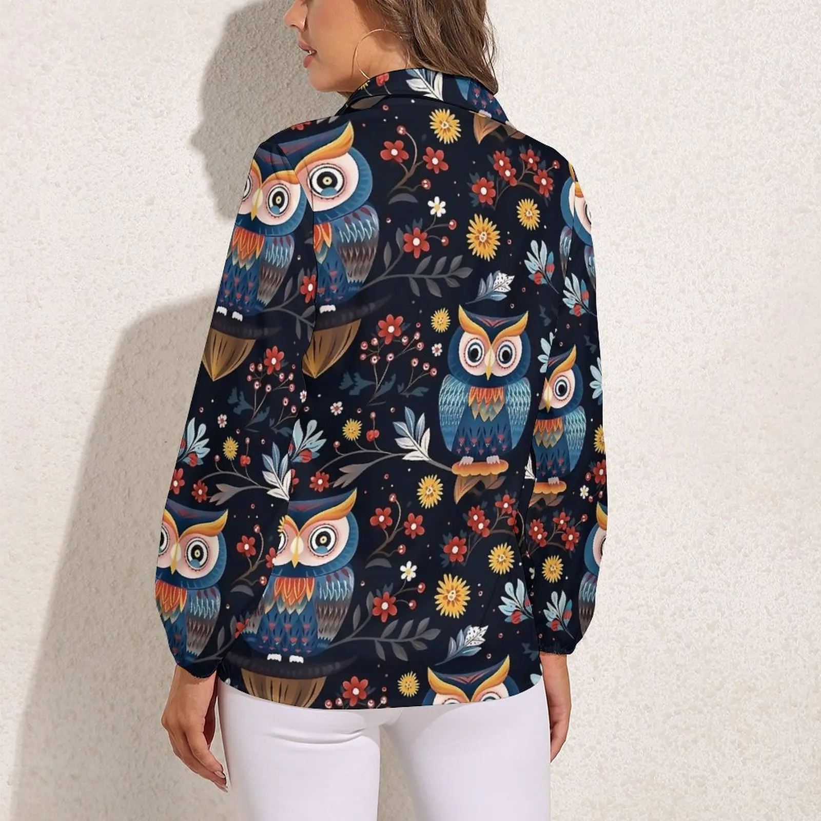 Cute Nordic Bold Owl Pattern Blouse Womens  Street Style Loose Blouses Long-Sleeve Office Shirt Custom Clothes Large Size