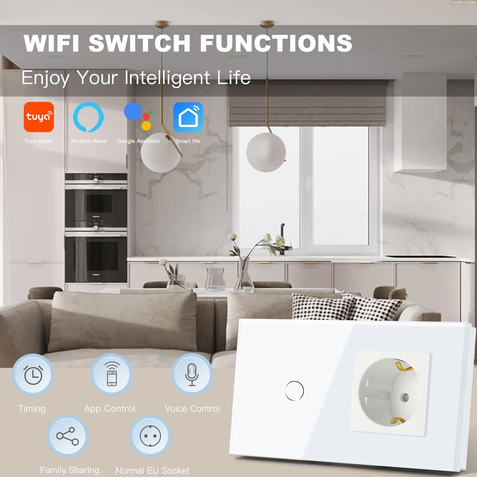 BSEED Wifi 1/2/3Gang Smart Touch Switches Plus EU Wall Sockets USB Type-c Tuya Smart Life Alexa App Control Work With Capacitor