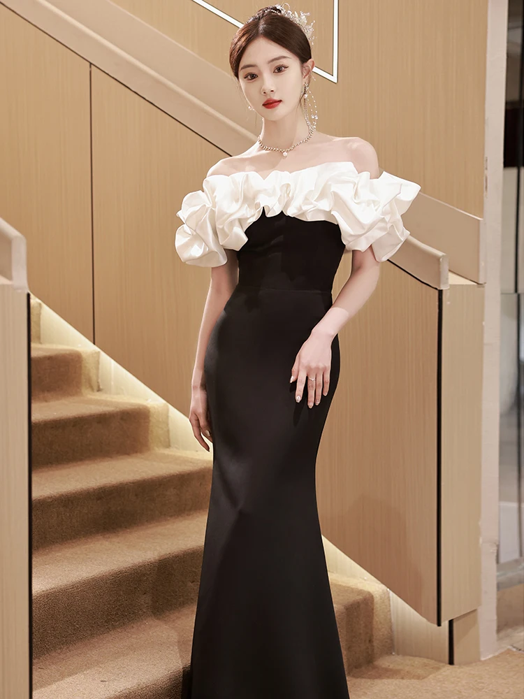 

Ele Bla-oulder Fi-Tail Gown for Women Slimming High-Quali Evening Dr Korean Sle Mid-Waist Long Dr