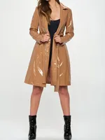 Women Shiny Faux Leather Tie Up Turn-down Collar Trench Coat Ladies Chic Solid Color PU Overcoat Casual Entertainment New Custom