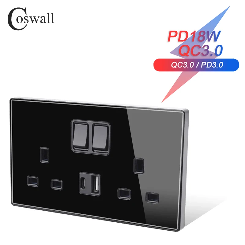 

COSWALL PD 18W Type-C,QC3.0 Type-A USB Quick Charge Port,13A Glass Panel Double UK Standard Socket Switched Earthed,146*86mm