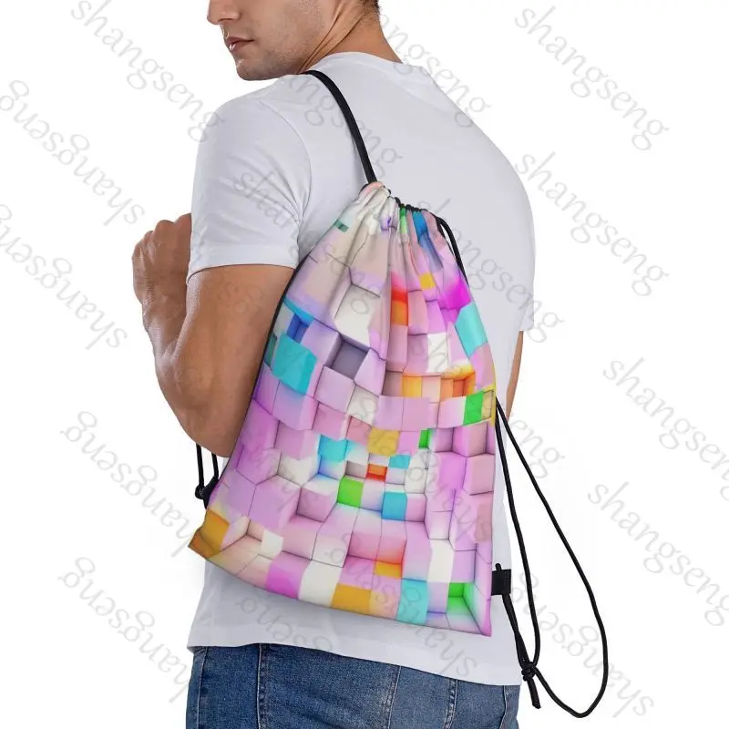 Drawstring Bag Sports Backpack Bundle Pocket Basketball Bags Boy Birthday Christmas Shoe Sports Bag Rainbow cube grid pattern