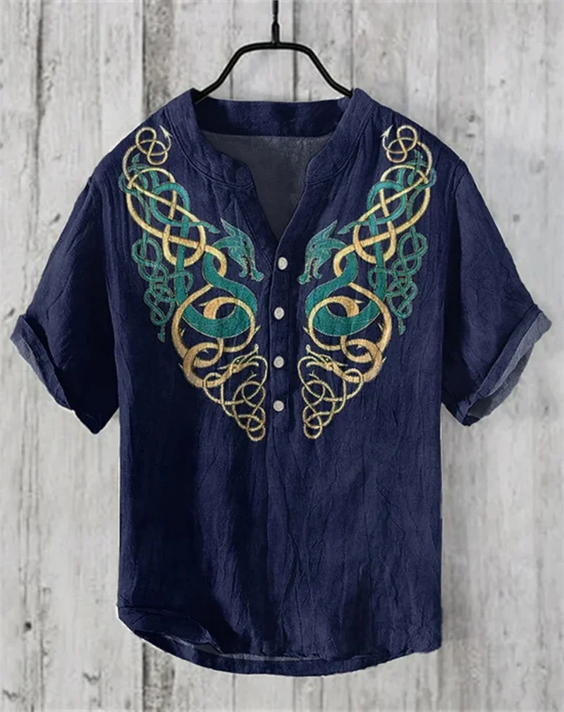

Men's Linen Short Sleeve Shirt New Art Print Pattern V Neck Short Sleeve Comfortable Vintage Shirt Summer Top