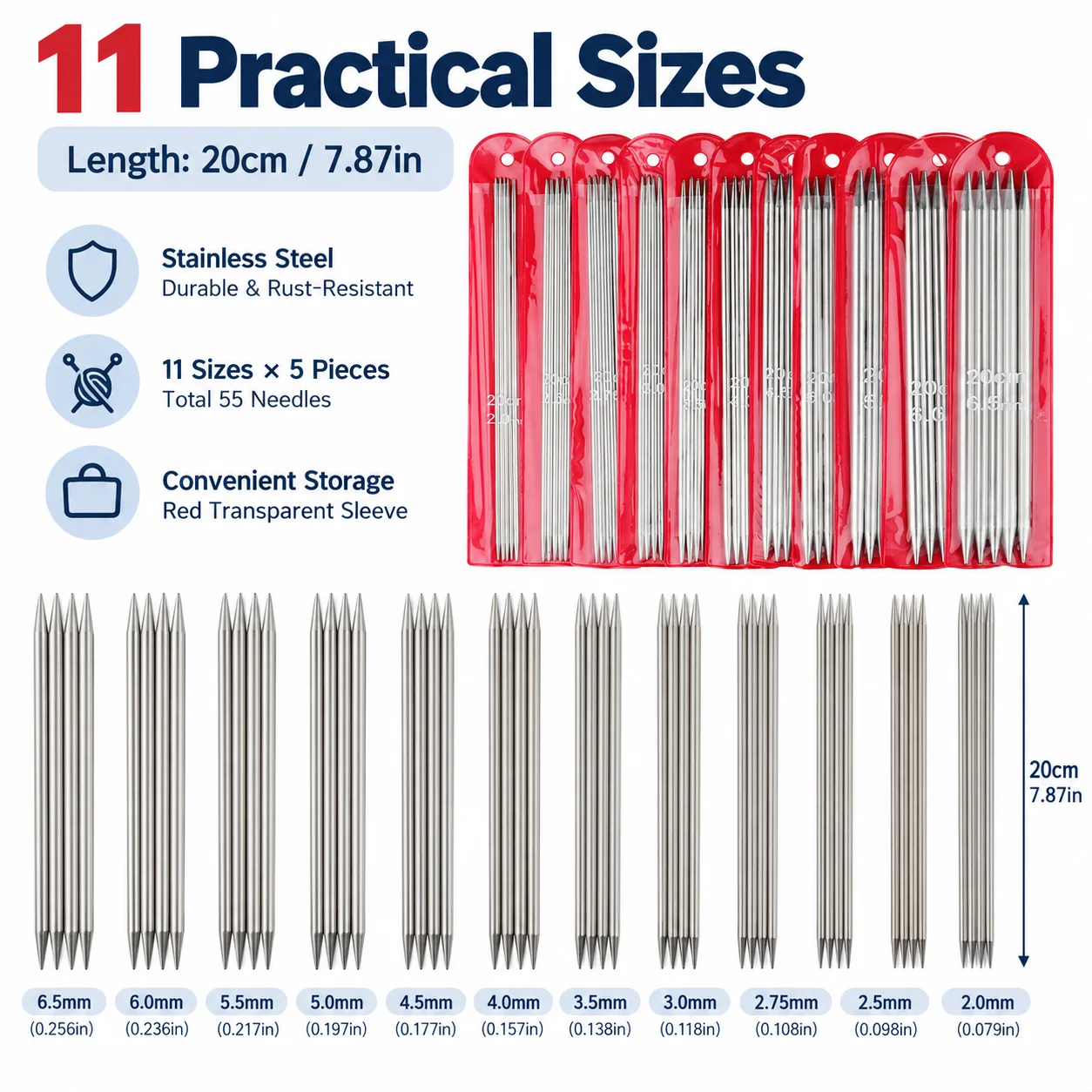 55Pcs/Set 2.0-6.5mm Stainless Steel Knitting Needles Set Double Pointed Straight Knitting Needles for DIY Weave Gloves Sweaters