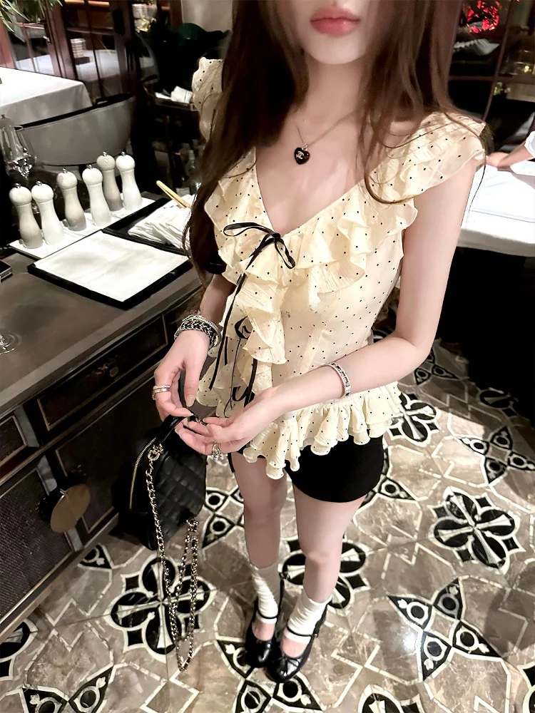 

Chien Ballet Handmade Workop Pure Desire Snowflake Chiffon Top Женская летняя блузка с V-образным вырезом и принтом в горошек, корейский стиль, приталенный крой