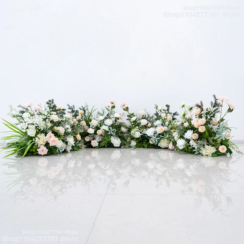 Hochzeits-Hintergrund für den Außenbereich, Boden-Blumenarrangement, Champagner-weiße künstliche Blumenreihe, grüne Wand, Dekoration für die Zeremonie und Fotobox – Detail 1
