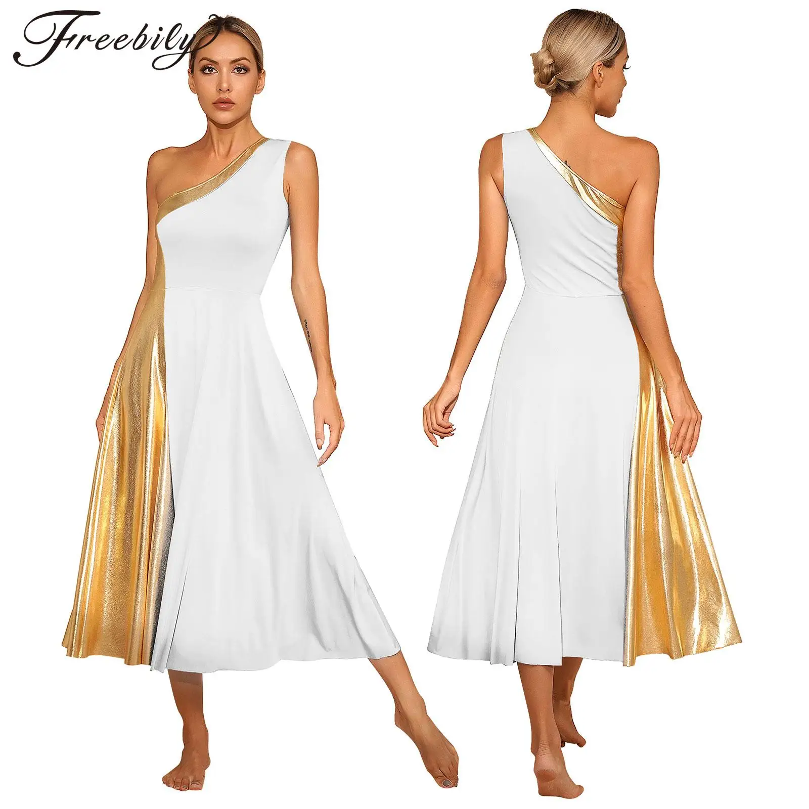 Womens Morden Lyrical Dance Dress Church Praise Choir Ballroom Dancing Performance Costume One Shoulder Maxi Dresses Dancewear