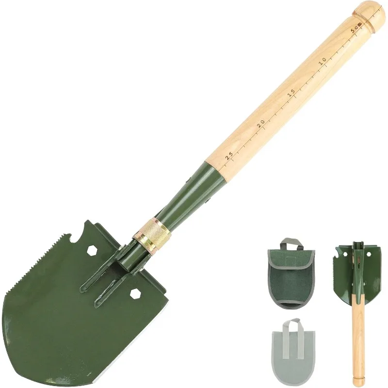 Wooden Handle Folding Survival Shovel w/Pick  Gardening, Beach, Digging Dirt, Sand, Mud & Snow