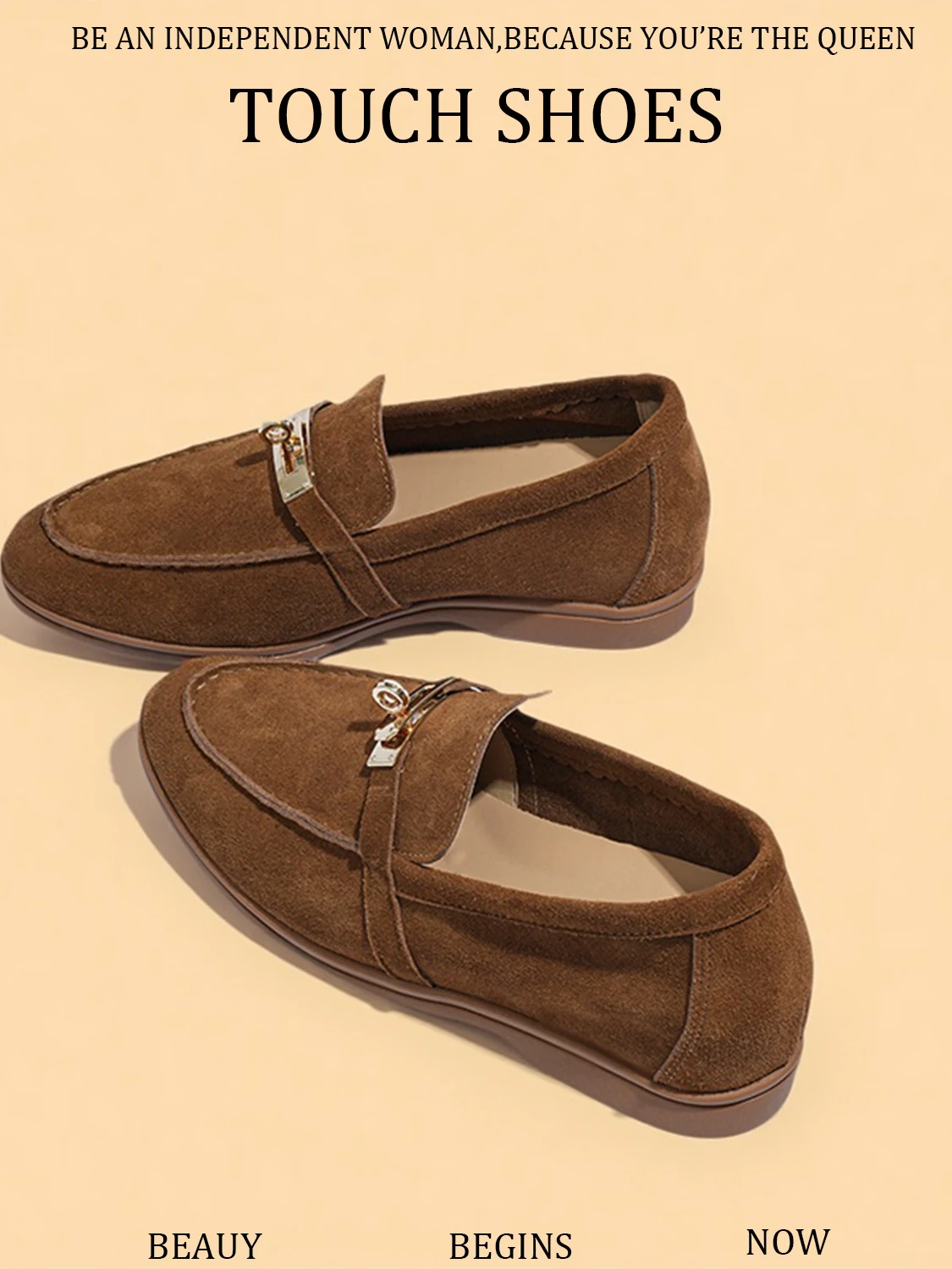 Women's Flat Bottom Loafers Increase Height Inner Retro One Step All Match Lazy Shoes Full Cowhide Suede Fashionable Casual