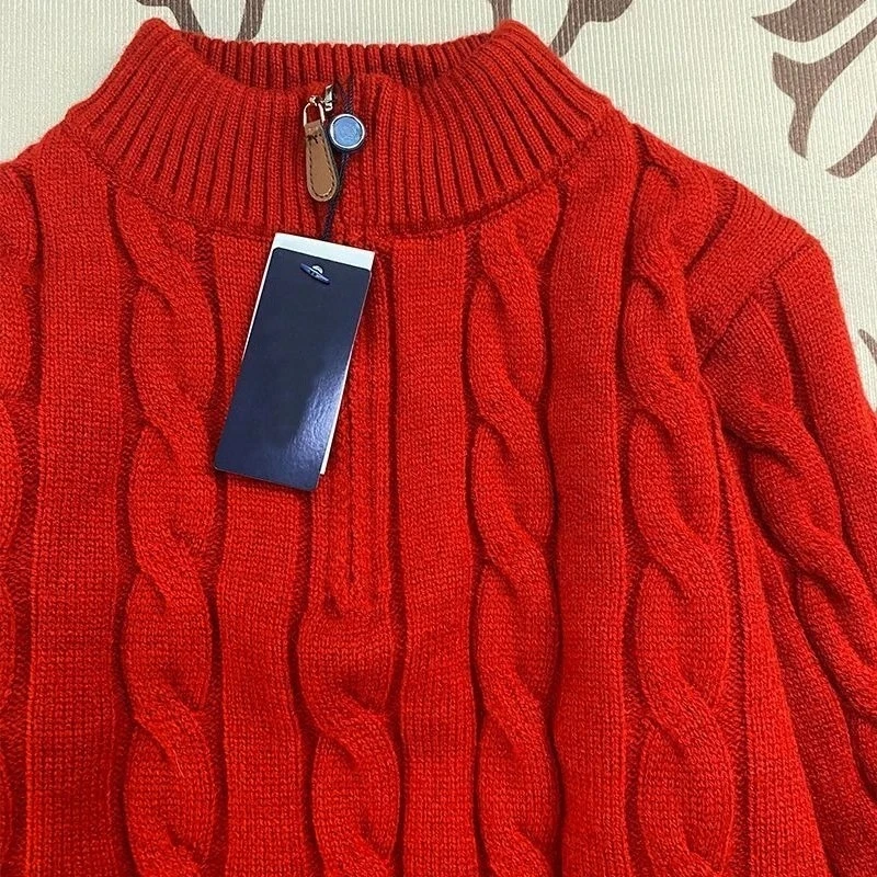 

2026 Unisex R Pony Logo Christmas Red Acrylic Wool Knitwear Half Zip Twist Sweater Winter New Year Casual Top for Daily Wear