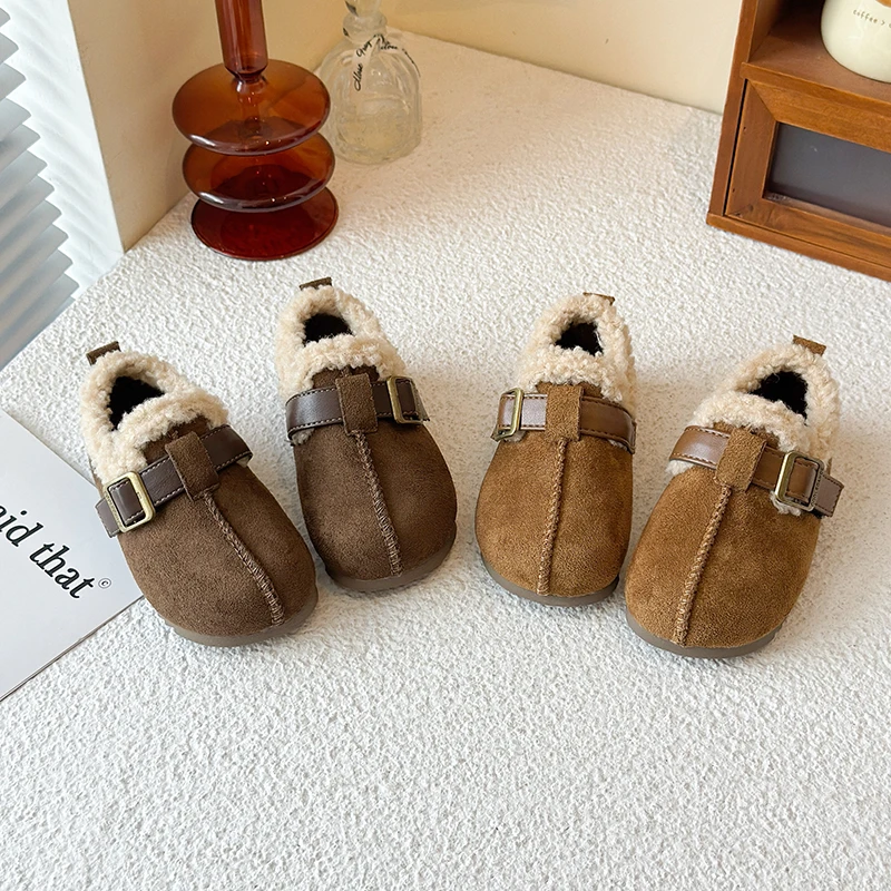 

Children Fur Autumn Winter Kids Warm Short Plush Shoes Soft Suede Leather Girls Lightweight and High Quality Cotton Shoes